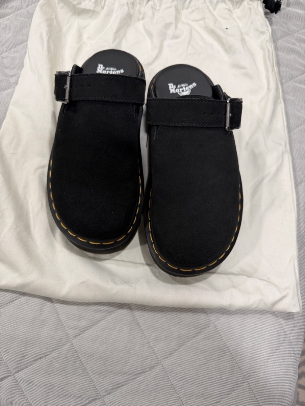 Dr. Martens Black Suede Clogs with Yellow Stitching
